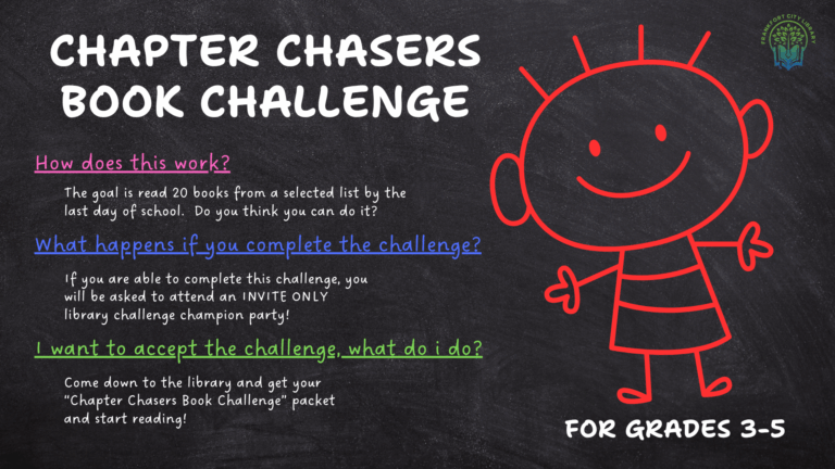 Chalkboard-style promotional poster for the Frankfort City Library's "Chapter Chasers Book Challenge" for students in grades 3-5. The black chalkboard background features colorful handwritten-style text and a large red outline drawing of a cartoon book character on the right. The poster explains that participants are challenged to read 20 books from a selected list by the last day of school. Students who complete the challenge will be invited to an exclusive library challenge champion party. Interested readers are encouraged to visit the library to pick up a "Chapter Chasers Book Challenge" packet and begin reading. The Frankfort City Library logo appears in the top right corner, and "For Grades 3-5" is displayed at the bottom.